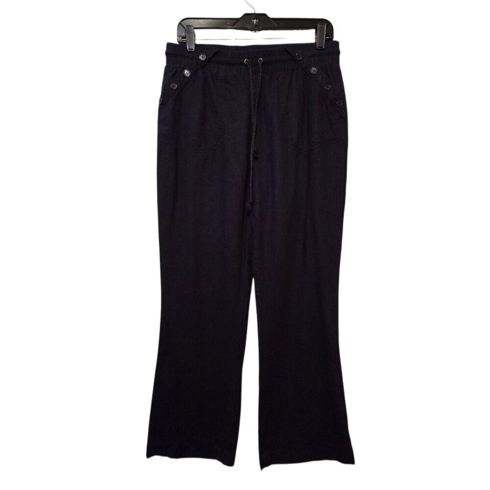 Ci Sono Linen Blend Wide Leg Pants Womens LG Navy Elastic Waist Drawstring Beach